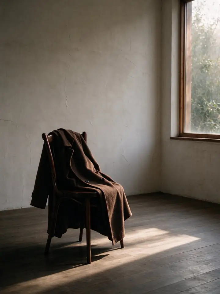 A wool coat hanging on a chair beside a tall window in morning light