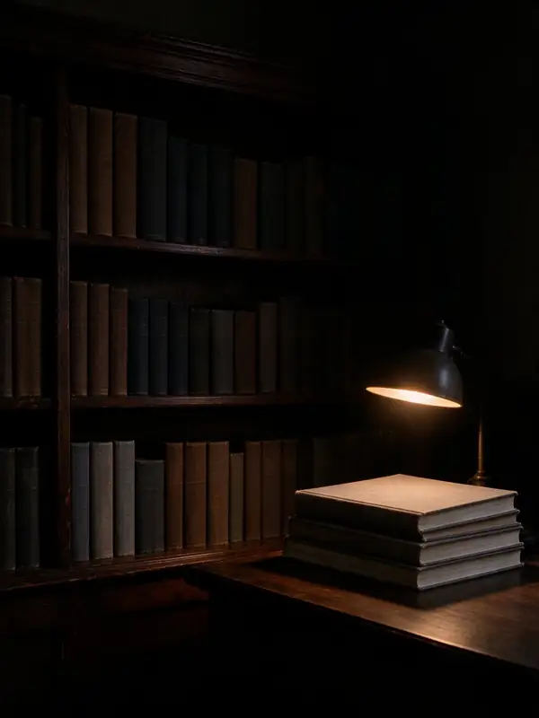 A stack of books under a reading lamp in front of a dark bookshelf